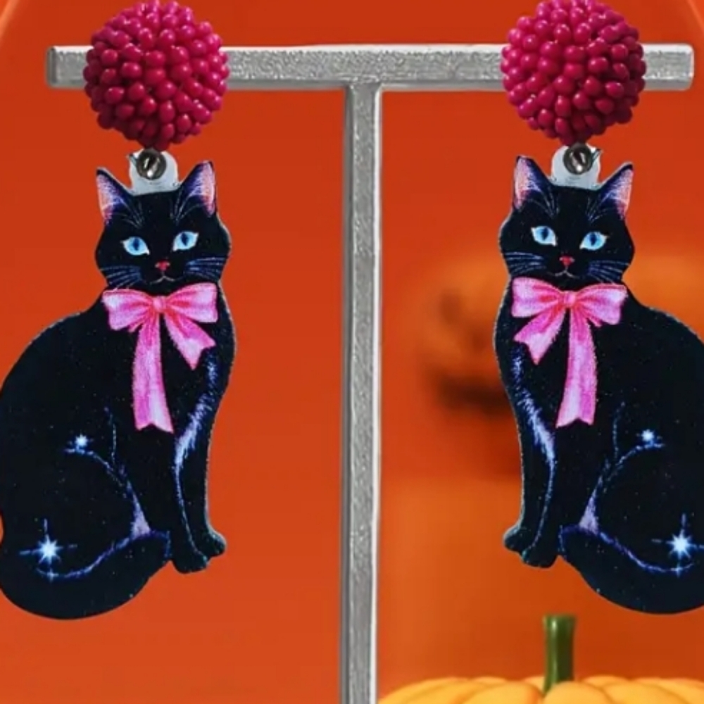 ❌ SOLD ❌Black Cat Earrings with Pink Accents